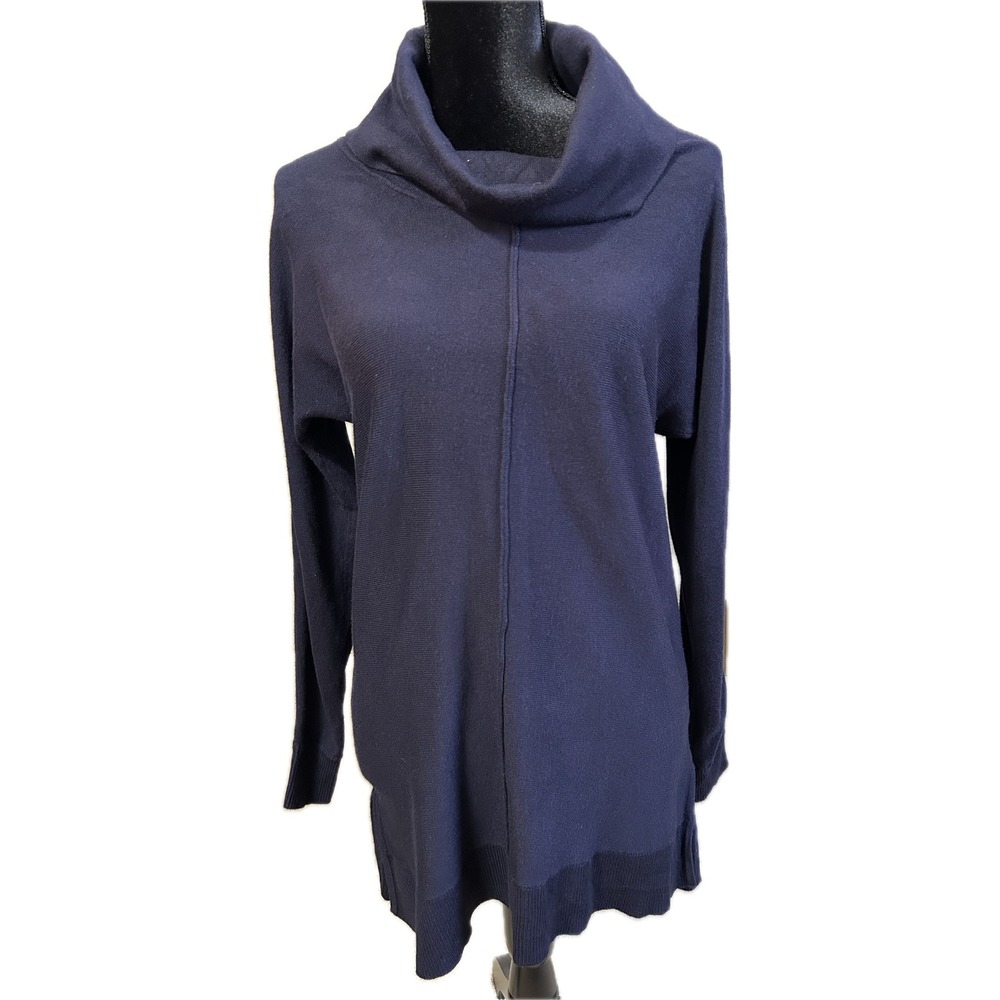 Joan Vass New York Navy Blue Cowl Neck Tunic Sweater Medium Rayon Seam Detail